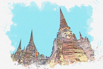 Fototapeta premium Watercolor sketch or illustration of a beautiful view of the ancient architecture of Wat Phra Si Sanphet in Ayutthaya in Thailand