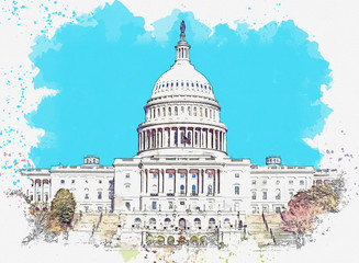 Fototapeta na wymiar Watercolor sketch or illustration of a beautiful view of the US Capitol building in Washington DC in the USA