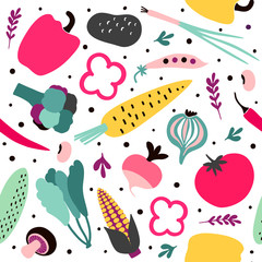 Sseamless pattern with cartoon vegetables on white background.