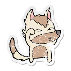 distressed sticker of a cartoon wolf pouting