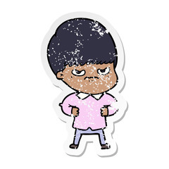 distressed sticker of a annoyed cartoon boy