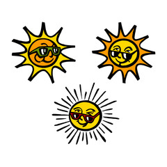 Sun with face and sunglasses, summer, vacation, sunbathing, set of color icons