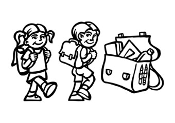 Schoolboy and Schoolgirl with school bags on back, open school bag with case and ruler, black and white icon set