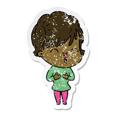 distressed sticker of a cartoon laughing woman