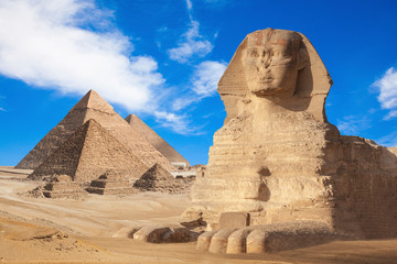 General view of pyramids with Sphinx