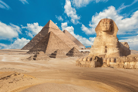 General view of pyramids with Sphinx