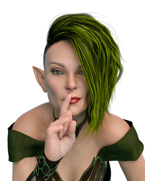 Elf Queen with a green hair silence please portrait in a white background