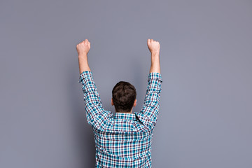 Close up back rear behind view photo amazing he him his man hands arms up showing ideal perfect...