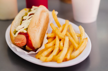 hot dog with potatoes and smoothie