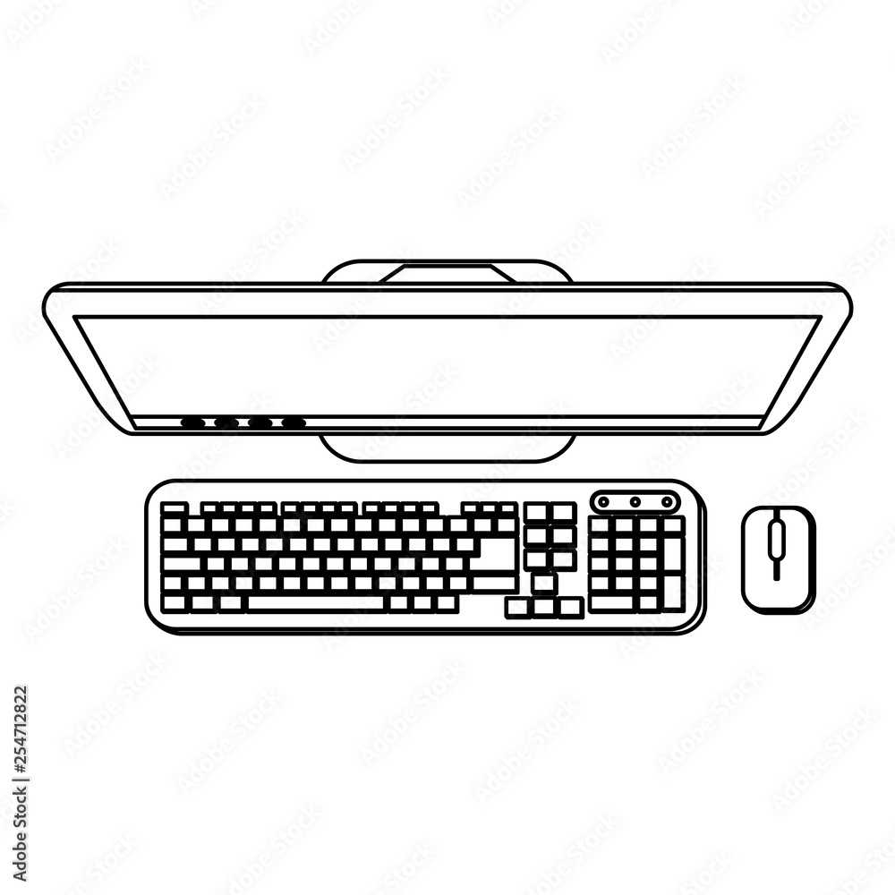 Poster desk computer with keyboard and mouse topview in black and white