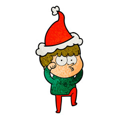 textured cartoon of a curious boy rubbing eyes in disbelief wearing santa hat