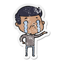 distressed sticker of a cartoon man crying