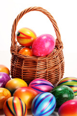 Basket of Easter eggs on table. easter decoration