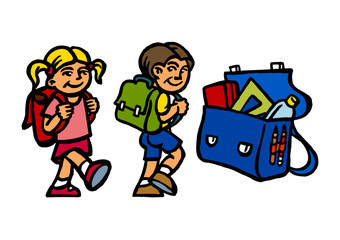 Schoolboy and Schoolgirl with school bags on back, open school bag with case and ruler, color icon set