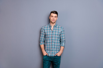 Close up photo attractive amazing he him his man arms hands in pockets ideal perfect hairdo styling easy-going wearing casual plaid checkered shirt jeans denim outfit isolated grey background