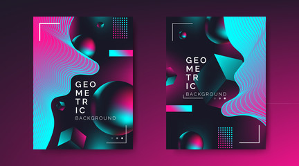 abstract  creative posters flyer design with 3d geometric shapes dynamic waves on dark background - obrazy, fototapety, plakaty
