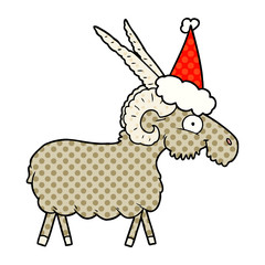 comic book style illustration of a goat wearing santa hat