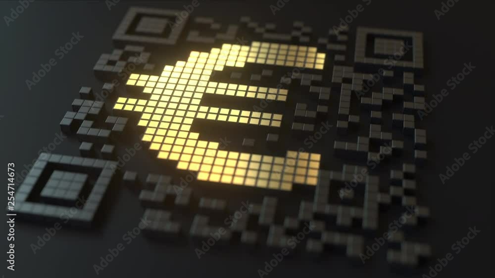Poster quick response or qr code with euro symbol. modern fintech related 3d animation