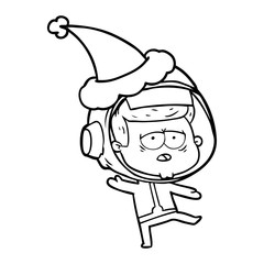 line drawing of a tired astronaut wearing santa hat