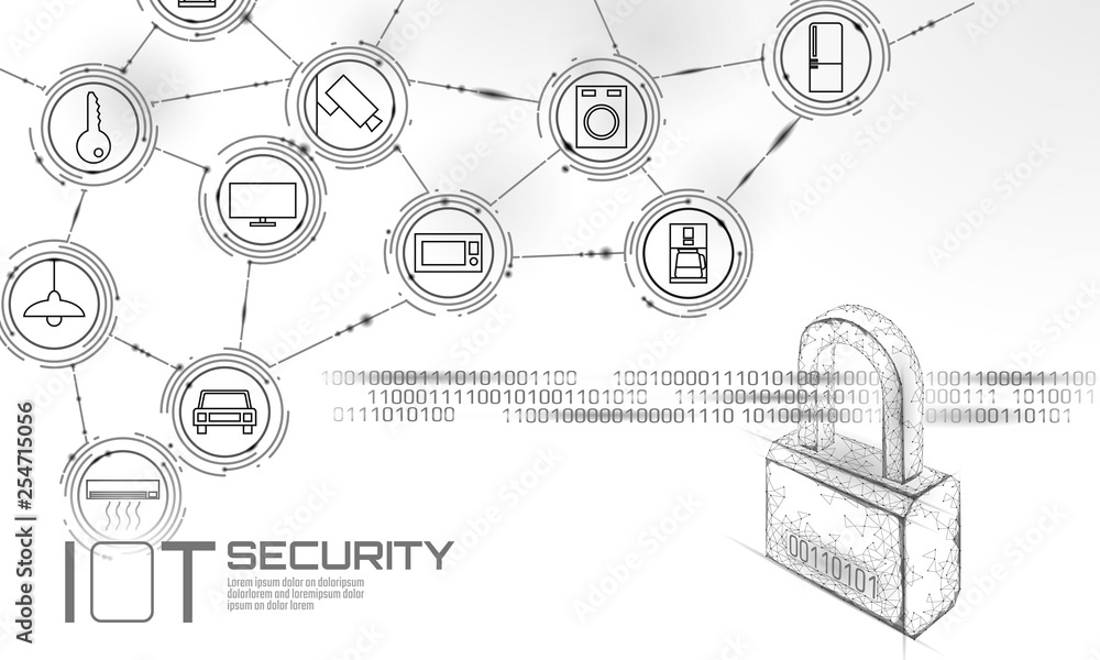 Poster iot cyber security padlock concept. personal data safety internet of things smart home cyber attack.