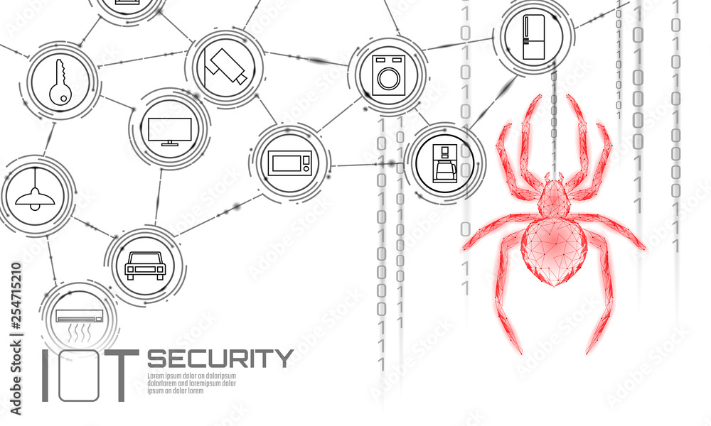 Poster iot cybersecurity spider concept. personal data safety internet of things smart home cyber attack. h
