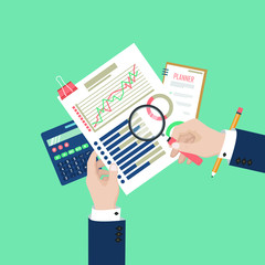 Auditing tax process concept. Man hands with magnifying glass. Flat design of analysis, data, accounting, planning, management, research, calculation, reporting, project management. Top view.