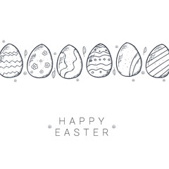 Happy Easter background with traditional sketches decorations. Easter greeting with colored eggs, rabbit.