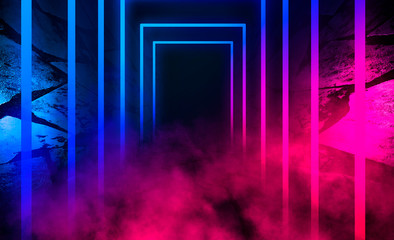 Obraz premium The background of an empty room with a concrete floor and walls, blue and pink neon lights, laser figures in the center, smoke