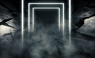 Black and white Background of empty room with concrete floor and walls, spotlight, laser figures in the center, smoke