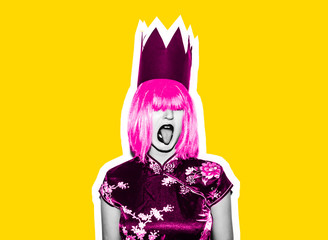 Double exposure of fashion Asian beautiful young girl in a sour wig. Black and white image. Flash magazine style collage on a colored background.