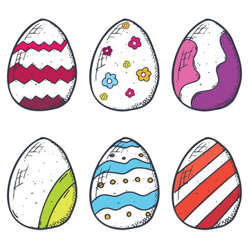 Easter colorful eggs icons collection in doodle style. Hand drawn illustration. Banner background.