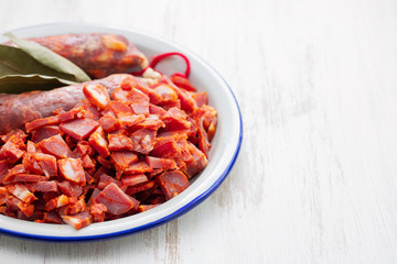 portuguese smoked sausages in dish