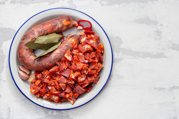 portuguese smoked sausages in dish