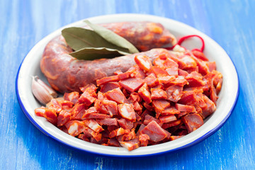 portuguese smoked sausages in dish