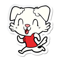 sticker of a laughing cartoon dog jogging