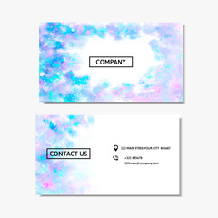 Business card with a pink and blue watercolor design. Vector illustration