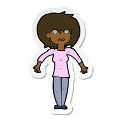 sticker of a cartoon woman shrugging shoulders