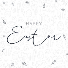 Happy Easter typography poster on the hand-draw doodle backgrounds. Modern calligraphy. Vector illustration.