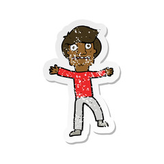 retro distressed sticker of a cartoon boy panicking