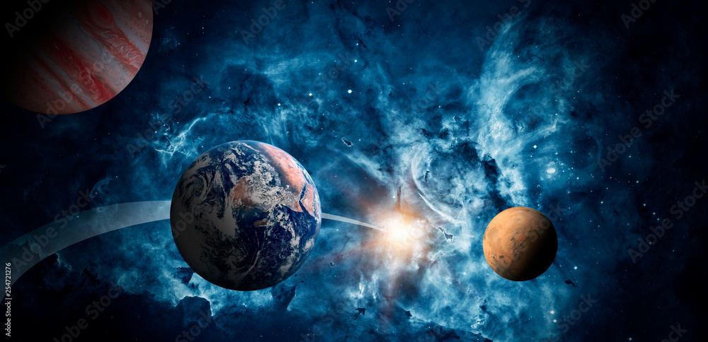 Wall mural planets of the solar system against the background of a galaxy in space. elements of this image furn