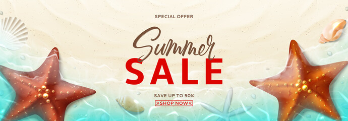 Fototapeta na wymiar Summer sale promo banner. Horizontal banner with realistic seashells and starfishes on beach in sea water. Vector illustration with spesial discount offer.