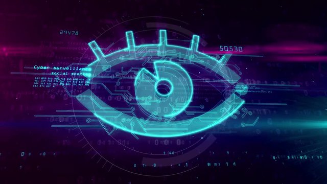 Cyber spying, digital surveillance and spyware in cyberspace. Eye symbol on digital background. Internet spy and privacy tracking abstract animation.