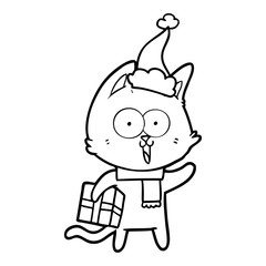 funny line drawing of a cat wearing santa hat