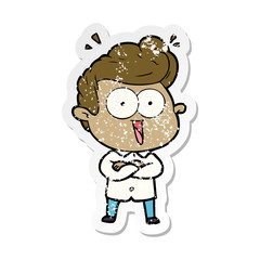 distressed sticker of a cartoon excited man