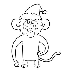 line drawing of a monkey scratching wearing santa hat