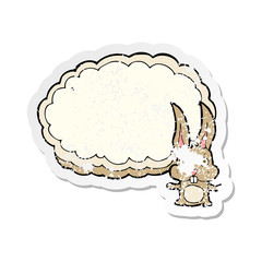 retro distressed sticker of a cartoon rabbit with text space cloud
