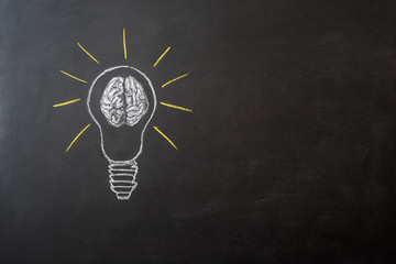 bulb with human brain on chalkboard with copy space
