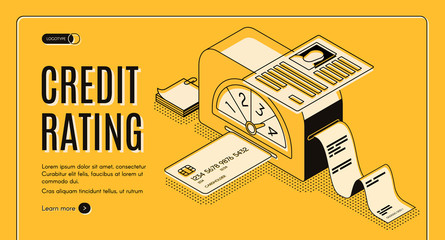 Credit rating analytics, scoring online service isometric vector web banner. Banking card in calculation machine and lender personal dossier line art illustration. Credit agency landing page template