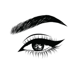 Abstract fashion illustration of the eye with creative makeup. Hand drawn vector idea for business visit cards, templates, web, salon banners,brochures. Natural eyebrows and glam eyelashes