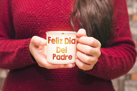  text Feliz Dia Del Padre translated in english happy father's day on cup and woman drinking a coffee 